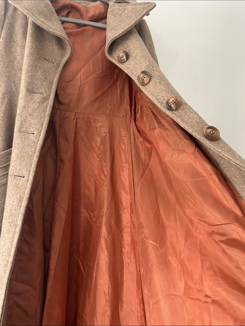 Vintage Wool Trench Coat Long Fit & Flare Belted Button Detail & Detachable Hood - Picture 10 of 16